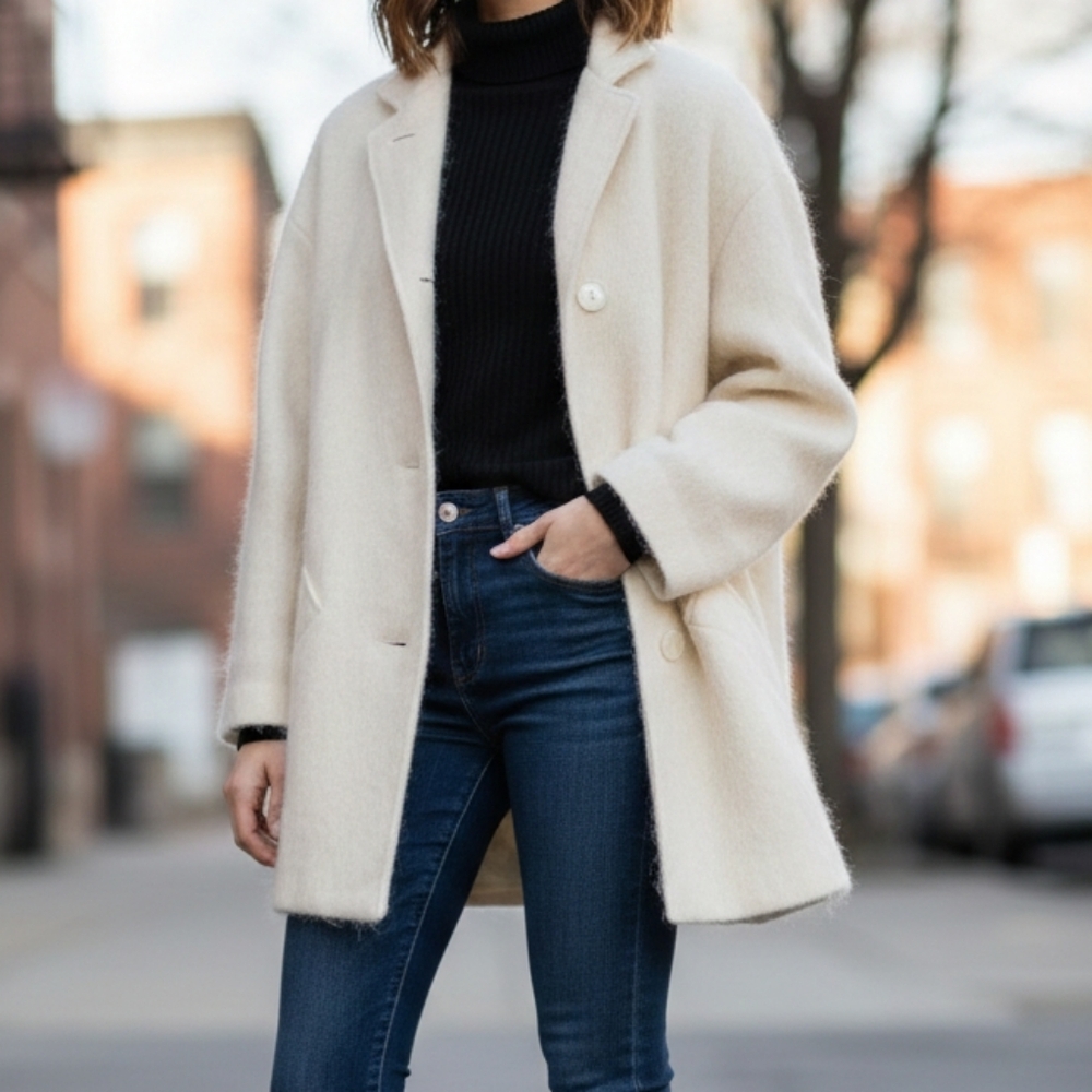 Vintage Ivory Chic Mohair Wool Pea Coat Minimalist Old Money